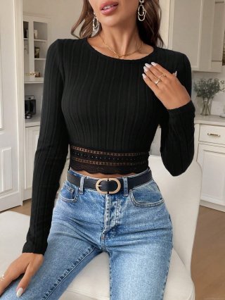 Women's Slim Fit Rib-Knit T-Shirt Long Sleeve Cropped Top With Lace Patchwork Hem Minimalist Solid Color Casual Shirt For Women