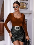 Women French Square Neck Long Sleeve T-Shirt Elegant Slim Fit Velvet Velour Top Solid Caramel Brown Fall Winter Commuter Pullover Tee
