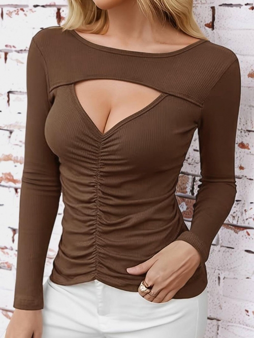 Women's Sexy Ruched Cutout Rib-knit Long Sleeve T-Shirt 95% Polyester 5% Elastane Slim Fit Solid Color Coffee Brown Autumn Casual Tops Fashion Blouse
