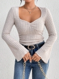 Elegant Women Square Neck Long Sleeve T-Shirt Flare Sleeve Slim Fit Ribbed Knit Top Polyester Elastane Blend Solid Color Commuter Style Autumn Winter Blouse
