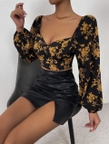 Women's Floral Print Puff Sleeve Crop Top Square Neck Slim Fit Retro Long Sleeve Polyester Elastane T-Shirt Sexy Clubwear Blouse