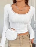Women's Long Sleeve Ribbed Knit T-shirt Slim Fit U-Neck Lace Trim Top Elegant Solid Color Short Casual Tee For Women Autumn Winter Commute