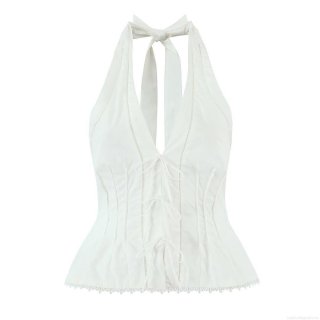 Women's White Halter Neck Cami Top Lace Up Peplum Corset Vest With Lace Trim Sleeveless V-Neck Summer Streetwear Tank Top For Vacation Party Casual Wear