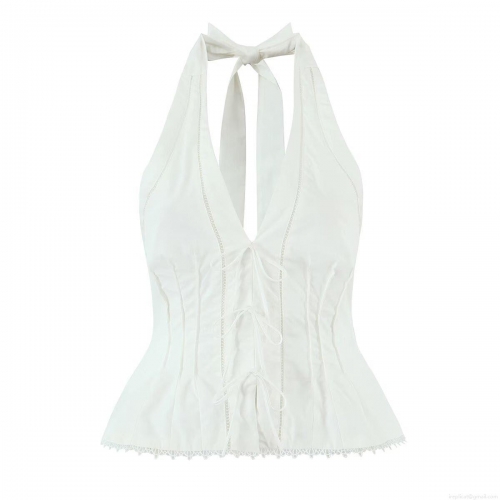 Women's White Halter Neck Cami Top Lace Up Peplum Corset Vest With Lace Trim Sleeveless V-Neck Summer Streetwear Tank Top For Vacation Party Casual Wear