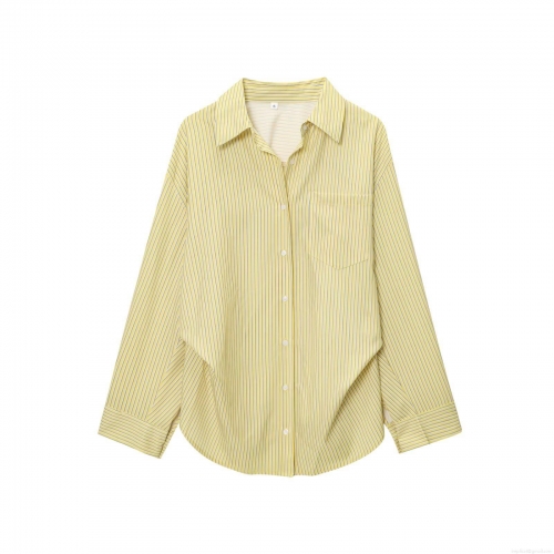 Women Casual Vertical Striped Long Sleeve Shirt Turn Down Collar Single Breasted Loose Fit Polyester Blouse With Pocket Streetwear For Ladies Classic Top