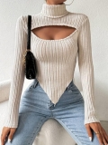 Sexy Cutout Mock Neck Ribbed Knit Top Women Irregular Hem Long Sleeve Slim Fit Solid Color Crop T-Shirt Elegant Party Streetwear