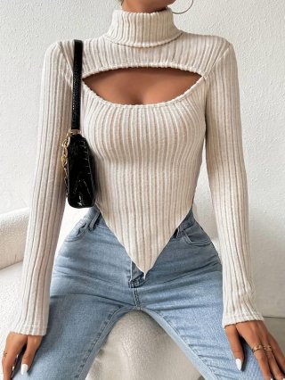 Sexy Cutout Mock Neck Ribbed Knit Top Women Irregular Hem Long Sleeve Slim Fit Solid Color Crop T-Shirt Elegant Party Streetwear