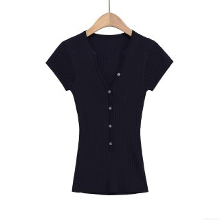 Women's V-Neck Slim Fit Knit T-Shirt Ribbed Viscose Nylon Blend Short Sleeve Single Breasted Button Down Solid Color Casual Summer Top