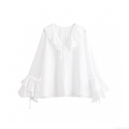 Women's V Neck Ruffled Long Sleeve Blouse Textured Polyester Lace Up Flare Sleeve Solid White Casual Party Street Style Top