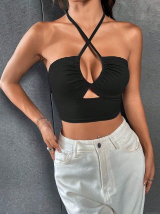 Sexy Halter Neck Crop Top For Women Criss-cross Cutout Backless Camisole Polyester Spandex Slim Fit Summer Streetwear Party Clubwear Date Night Solid Black Sleeveless Top