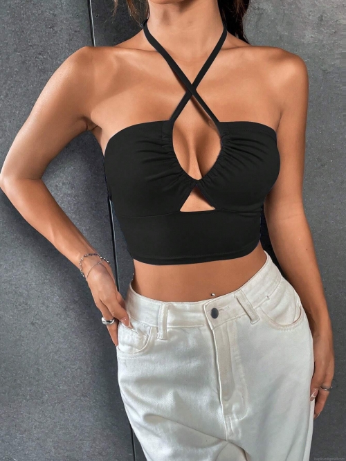 Sexy Halter Neck Crop Top For Women Criss-cross Cutout Backless Camisole Polyester Spandex Slim Fit Summer Streetwear Party Clubwear Date Night Solid Black Sleeveless Top