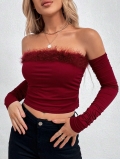 Christmas Wine Red Off Shoulder Fur Collar T-Shirt Women Sexy Slim Fit Long Sleeve Knit Top With Faux Fur Trim Autumn Winter Party Clubwear