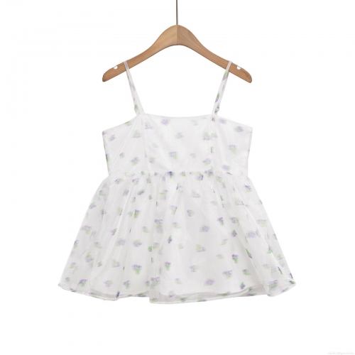 Women's Floral Spaghetti Strap Camisole Polyester Organza Backless Summer Tank Top Street Style Sexy Peplum Hem Top For Women