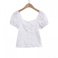 Women White Short Sleeve T-Shirt Puff Sleeve Square Neck Button Down Top French Vintage Smocked Slim Fit Blouse With Lace Trim For Summer