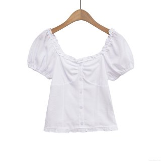 Women White Short Sleeve T-Shirt Puff Sleeve Square Neck Button Down Top French Vintage Smocked Slim Fit Blouse With Lace Trim For Summer
