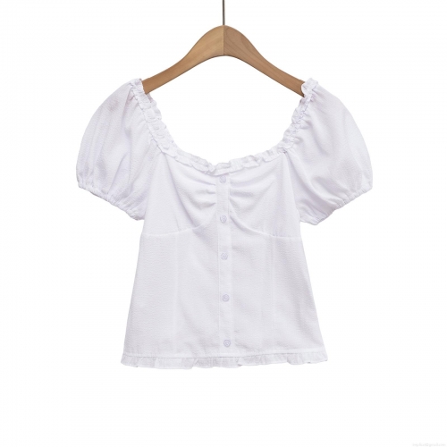 Women White Short Sleeve T-Shirt Puff Sleeve Square Neck Button Down Top French Vintage Smocked Slim Fit Blouse With Lace Trim For Summer