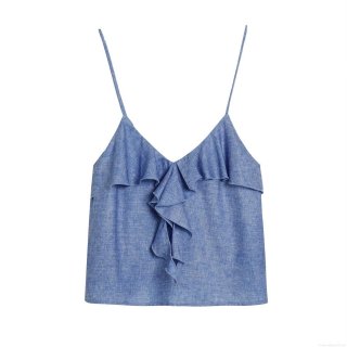 Summer Sexy Ruffled Backless Camisole Top Women V-Neck Spaghetti Strap Polyester Solid Color Streetwear Sleeveless Tank Top