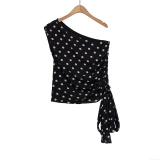 Women One Shoulder Polka Dot Top Ruched Side Tie Drawstring Polyester T-Shirt Summer Streetwear Casual Sleeveless Blouse For Party Daily Wear