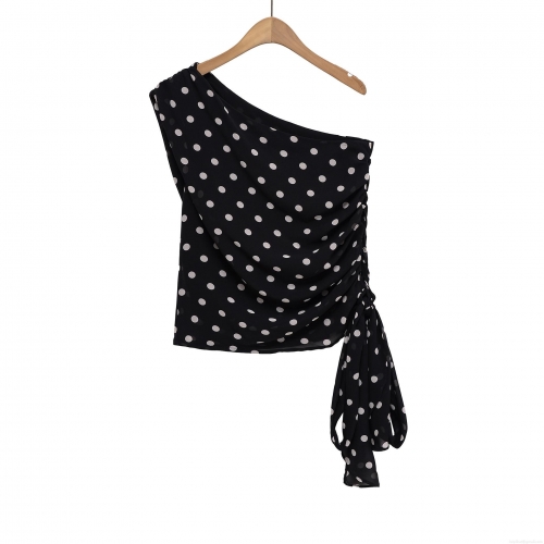 Women One Shoulder Polka Dot Top Ruched Side Tie Drawstring Polyester T-Shirt Summer Streetwear Casual Sleeveless Blouse For Party Daily Wear