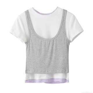 Women's Casual Polyester Knit Fake Two-Piece T-Shirt Round Neck Short Sleeve Camisole Splicing Summer Patchwork Tee Top For Women