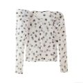 Women Summer Polka Dot Organza Blouse Sheer Lantern Long Sleeve Button Down Shirt Polyester Mesh Top Elegant Casual Streetwear For Women