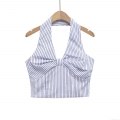 Women's Sexy Striped Halter Crop Top With Bow Knot Backless Smocked Polyester Tank Top Blue White Sleeveless Camisole For Summer Beach Vacation Party