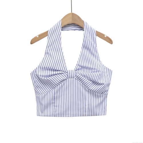 Women's Sexy Striped Halter Crop Top With Bow Knot Backless Smocked Polyester Tank Top Blue White Sleeveless Camisole For Summer Beach Vacation Party
