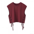 Women's Sexy Wine Red Side Lace-Up Sleeveless T-Shirt Vest Round Neck Polyester Slim Fit Crop Top For Summer Daily Streetwear Casual Style