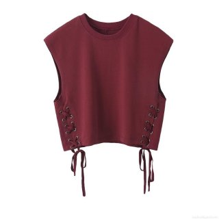 Women's Sexy Wine Red Side Lace-Up Sleeveless T-Shirt Vest Round Neck Polyester Slim Fit Crop Top For Summer Daily Streetwear Casual Style
