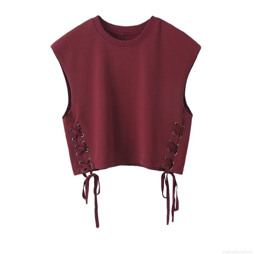 Women's Sexy Wine Red Side Lace-Up Sleeveless T-Shirt Vest Round Neck Polyester Slim Fit Crop Top For Summer Daily Streetwear Casual Style