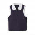 Women's Sleeveless Polyester Knit Polo Tank Top Contrast Trim Half Zipper Street Style Summer Streetwear Slim Fit Vest For Women
