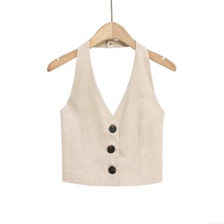 Women Halter Neck Smocked Back Vest Top Sleeveless V Neck Button Down Solid Color Polyester Linen Look Tank Top For Summer Casual Streetwear