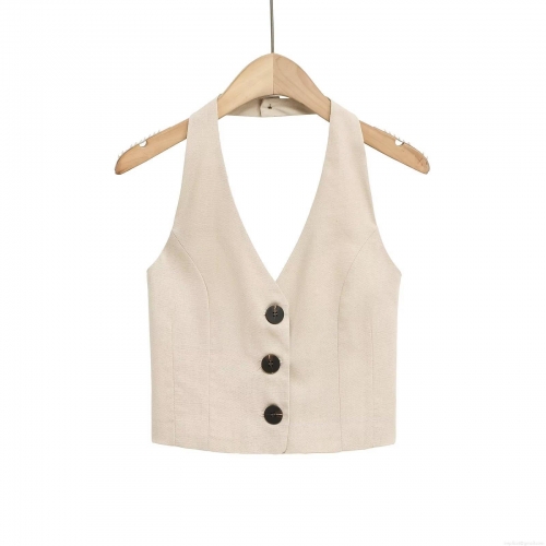 Women Halter Neck Smocked Back Vest Top Sleeveless V Neck Button Down Solid Color Polyester Linen Look Tank Top For Summer Casual Streetwear