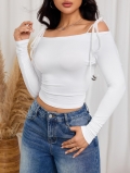 Women's White Off Shoulder Long Sleeve T-Shirt Polyester Elastane Ribbed Knit Slim Fit Crop Top With Shoulder Drawstring Sexy Casual Basic Tee For Fall Winter