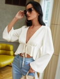 Women's Sexy V-Neck Lace-Up Crop Top Long Flare Sleeve Polyester Knitted Cardigan Fashion Solid Color Elegant Casual Blouse For Party Dating Streetwear