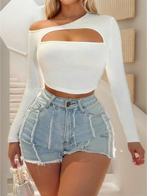 Women Sexy Off Shoulder Long Sleeve Crop Top Cutout Solid Color Slim Fit T-Shirt Polyester Elastane Blend Trendy Clubwear Daily Wear For Women