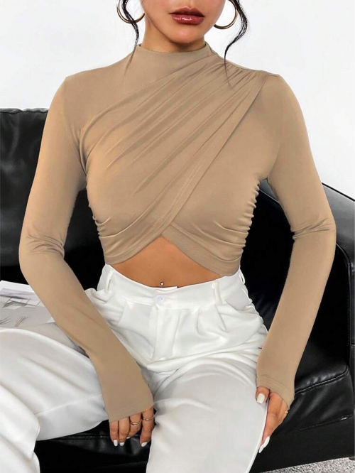 Women's Mock Neck Long Sleeve T-Shirt Elegant Cross Front Pleated Slim Fit Crop Top Solid Color Polyester Spandex Fashion Autumn Tee for Daily Party Commute