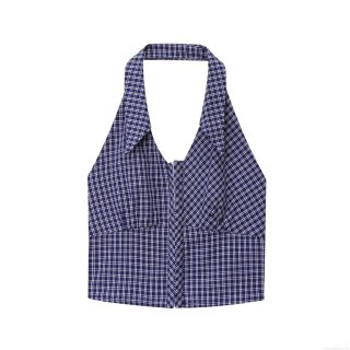 Women's Halter Neck Gingham Crop Top Backless Smocked Back Hook-and-Eye Closure Polyester Plaid Summer Streetwear Slim Fit Tank Top