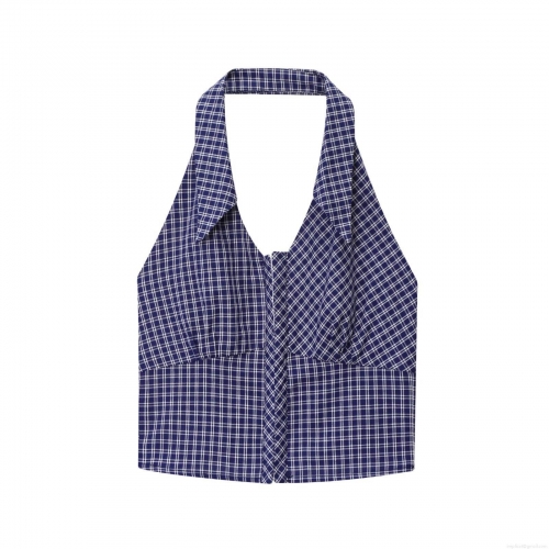 Women's Halter Neck Gingham Crop Top Backless Smocked Back Hook-and-Eye Closure Polyester Plaid Summer Streetwear Slim Fit Tank Top