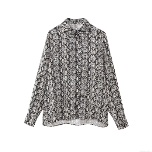 Women's Snake Skin Print Satin Feel Shirt Long Sleeve Turn-Down Collar Button Down Blouse Streetwear Loose Fit Casual Top For Ladies