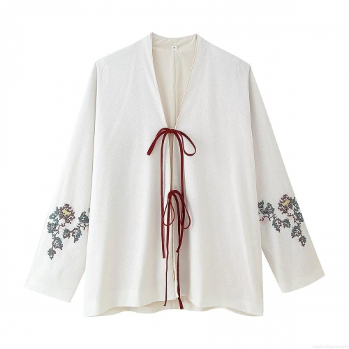 Women's V-Neck Long Sleeve Floral Embroidery Blouse With Tie Front Boho Ethnic Style Ivory White Casual Loose Shirt For Women Daily Wear