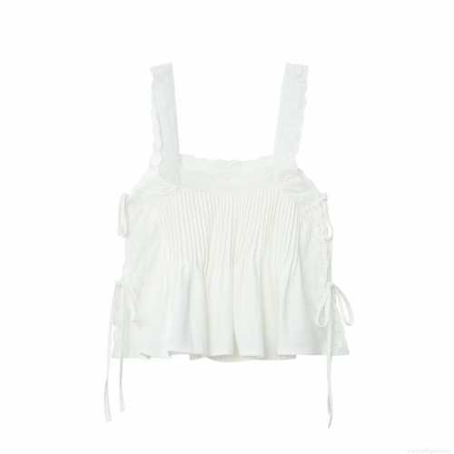 Women Summer White Camisole Tank Top Patchwork Lace Embroidery Pleated Drawstring Slim Fit Sleeveless V Neck Sexy Streetwear For Women Daily Vacation