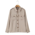 Women's European American Style Satin Blouse Long Sleeve Turn-down Collar Button Down Shirt With Double Pockets Epaulettes Solid Color Khaki Top For Autumn Streetwear