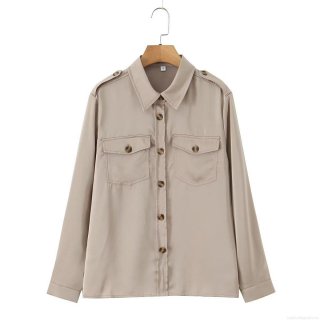 Women's European American Style Satin Blouse Long Sleeve Turn-down Collar Button Down Shirt With Double Pockets Epaulettes Solid Color Khaki Top For Autumn Streetwear