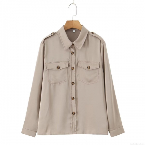 Women's European American Style Satin Blouse Long Sleeve Turn-down Collar Button Down Shirt With Double Pockets Epaulettes Solid Color Khaki Top For Autumn Streetwear