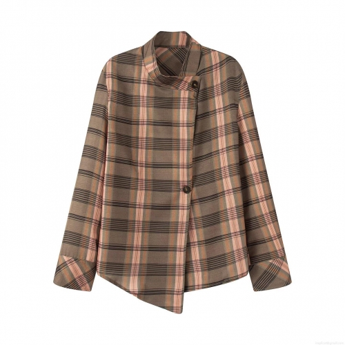 Women's Casual Plaid Long Sleeve Shirt Stand Collar Polyester Checkered Blouse Top Streetwear Style For Autumn