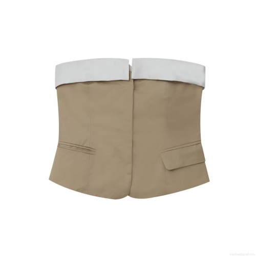 Women Sexy Color Block Tube Top Single Breasted Polyester Twill Cropped Tank Top With Pockets Slim Fit Sleeveless Corset Top Streetwear For Women