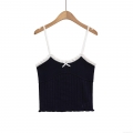 Women's Polyester Nylon Ribbed Knit Tank Top Contrast Wood Ear Ruffle Trim Bow Decor Slim Fit Crop Camisole Summer Streetwear Fashion Daily Top