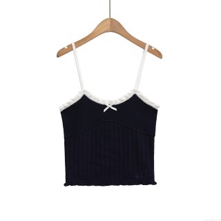 Women's Polyester Nylon Ribbed Knit Tank Top Contrast Wood Ear Ruffle Trim Bow Decor Slim Fit Crop Camisole Summer Streetwear Fashion Daily Top