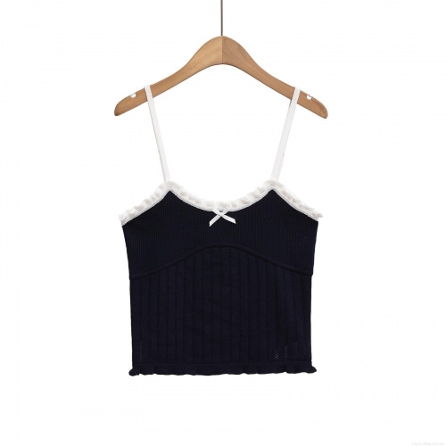 Women's Polyester Nylon Ribbed Knit Tank Top Contrast Wood Ear Ruffle Trim Bow Decor Slim Fit Crop Camisole Summer Streetwear Fashion Daily Top